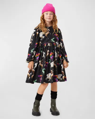 Molo Kids' Girl's Cocos Horse-print Puff Sleeve Dress In Flying Pegasus