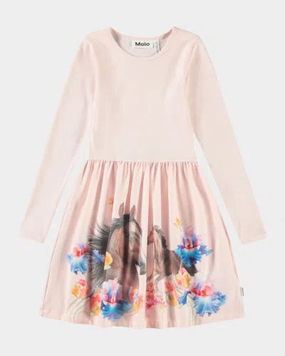 Molo Kids' Girl's Credence Long-sleeve Printed Dress In Horses
