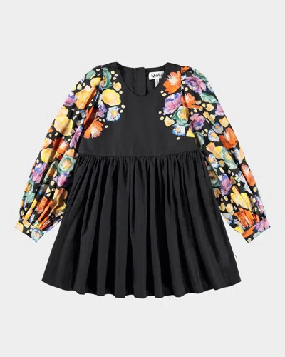 Molo Kids' Girl's Cybil Floral Puff-sleeve Dress In Black