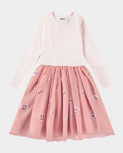 Molo Kids' Girl's Cyrus Long-sleeve Sequin Tulle Combo Dress In Charlotte Pink