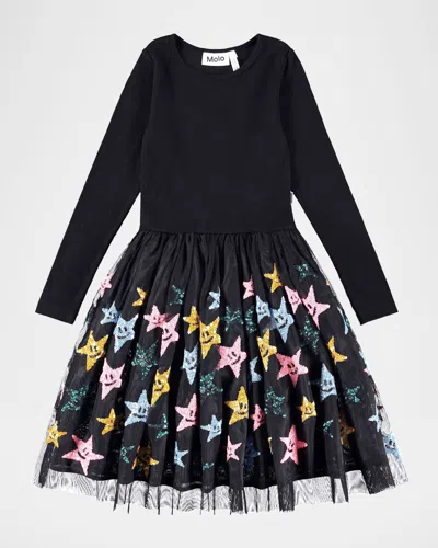 Molo Kids' Girl's Cyrus Sequined Star Tulle Dress In Black