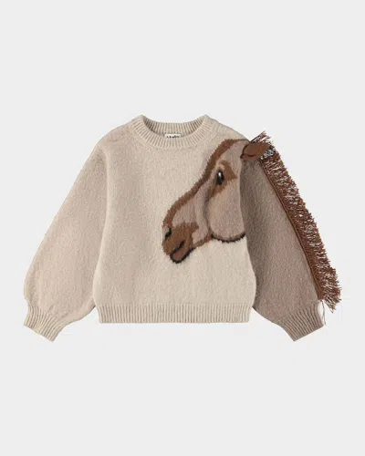 Molo Kids' Girl's Gisela Wool Horse Fringe Sweater In Neutral