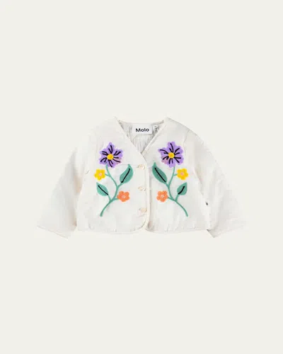 Molo Kids' Girl's Happy Floral Embroidered Cotton Cardigan In White