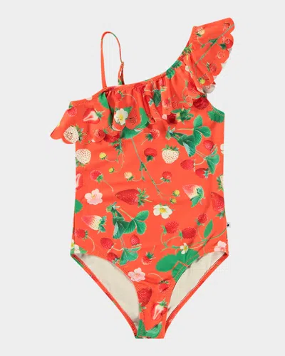 Molo Kids' Girl's Net Scallop Trim One Piece Swimsuit In Strawberry Red