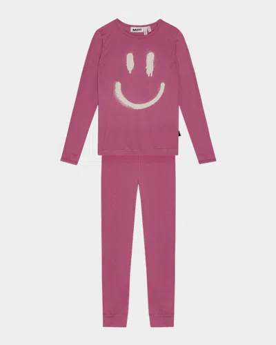Molo Kids' Lue Graphic-print Trousers Set In Dark Rose