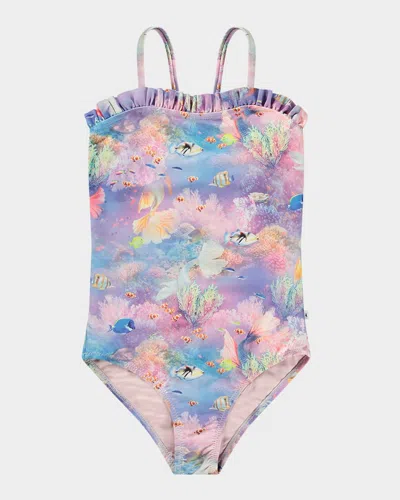 Molo Kids' Girl's Nakia Ruffle-trim One-piece Swimsuit In Pink