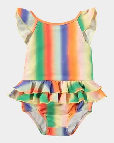 Molo Kids' Girl's Nalani Ruffle One-piece Swimsuit In Rainbow Light