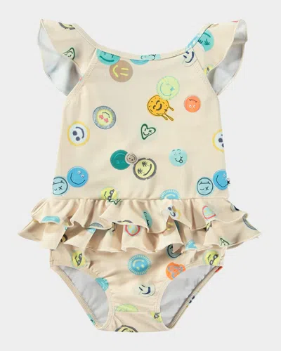 Molo Kids' Girl's Nalani Ruffle One-piece Swimsuit In Neutral