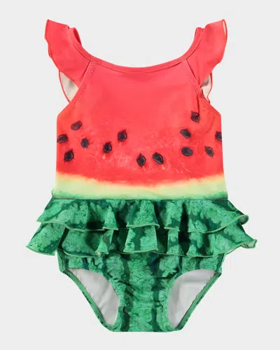 Molo Kids' Girl's Nalani Ruffled One-piece Swimsuit In Red