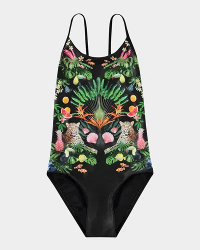 Molo Kids' Girl's Nanna Printed One-piece Swimsuit In Magic World
