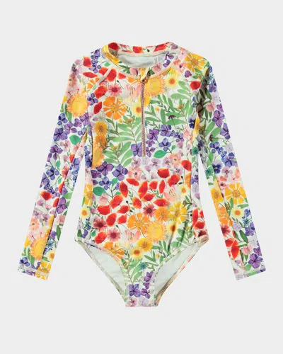 Molo Kids' Girl's Necky Long-sleeve One-piece Swimsuit In Flowerpress