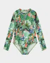 Molo Girl's Necky Long-sleeve One-piece Swimsuit In Green Tropical