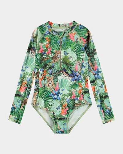 Molo Kids' Girl's Necky Long-sleeve One-piece Swimsuit In Green Tropical