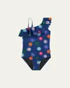 Molo Girl's Net Ruffled One-shoulder One-piece Swimsuit In Smile Bright