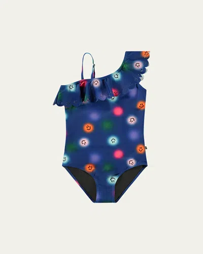 Molo Kids' Girl's Net Ruffled One-shoulder One-piece Swimsuit In Smile Bright