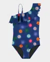 Molo Girl's Net Ruffled One-shoulder One-piece Swimsuit In Smile Bright