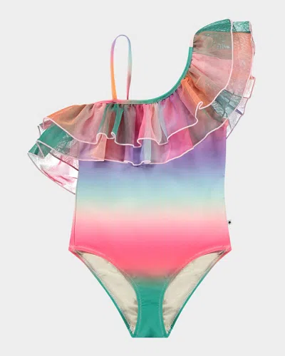 Molo Kids' Girl's Nilla Ruffled One-piece Swimsuit In Magic Fade