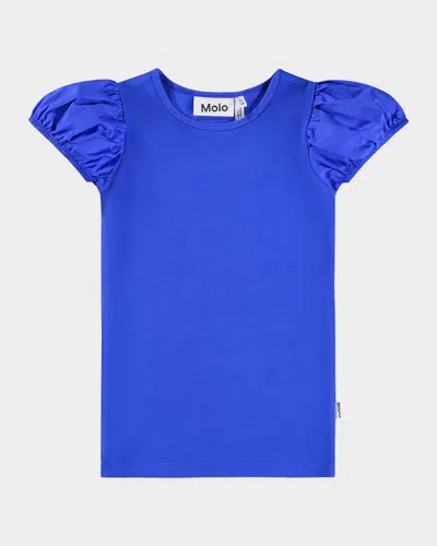 Molo Kids' Girl's Raluca Ribbed Puff-sleeve Top In Blue