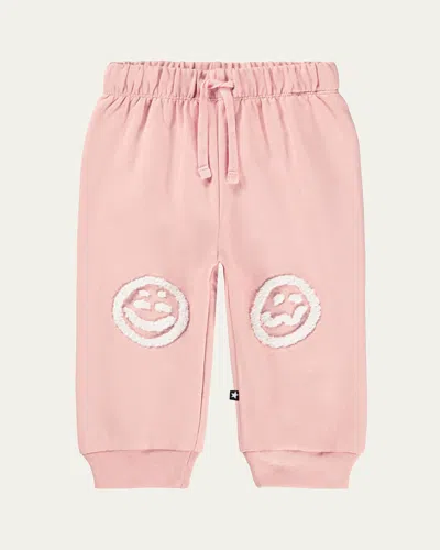 Molo Kids' Girl's Simeon Smiling Face Cotton Jogger Pants In Pink