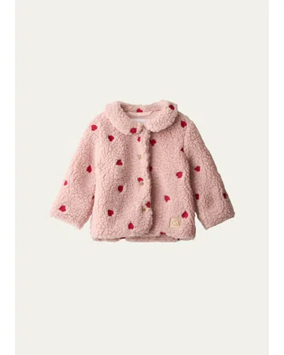 Molo Kids' Girl's Ursula Heart-embroidered Fleece Jacket In Pink