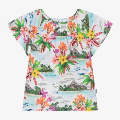 Molo Kids' Girls Blue Cotton Tropical Print T-shirt
