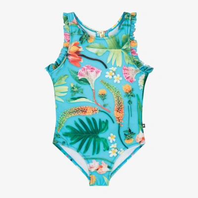 Molo Kids' Girls Blue Flowers Swimsuit (upf50+)