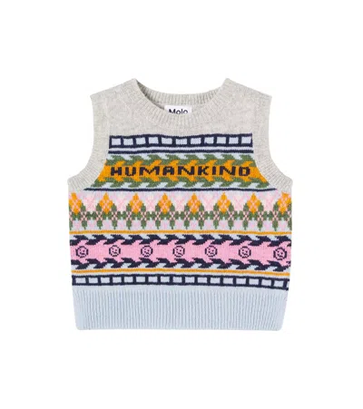 Molo Kids' Grace Argyle Wool Sweater Vest In Blue