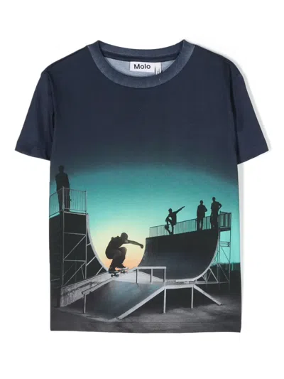 Molo Kids' Graphic-print Organic Cotton T-shirt In Blue