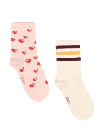 Molo Kids' Heart-motif Striped Socks (set Of Two) In Pink