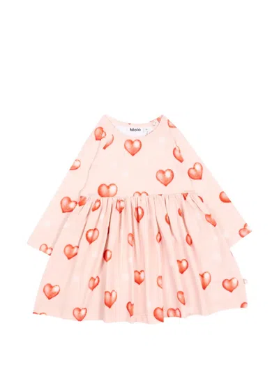 Molo Babies' Heart-print Long-sleeve Dress In Pink