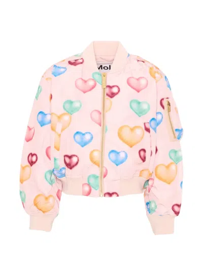 Molo Kids' Hedia Heart-print Bomber Jacket In Pink