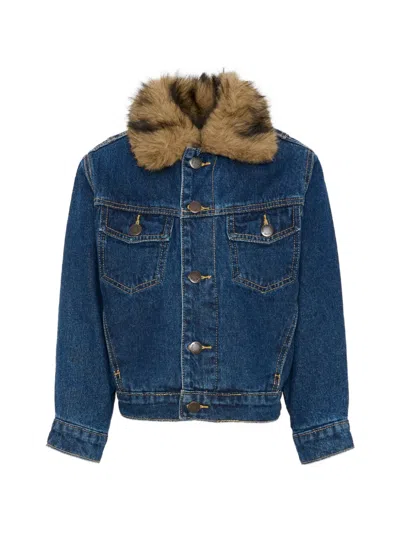 Molo Kids' Hiroie Faux-fur Collar Denim Jacket In Blue