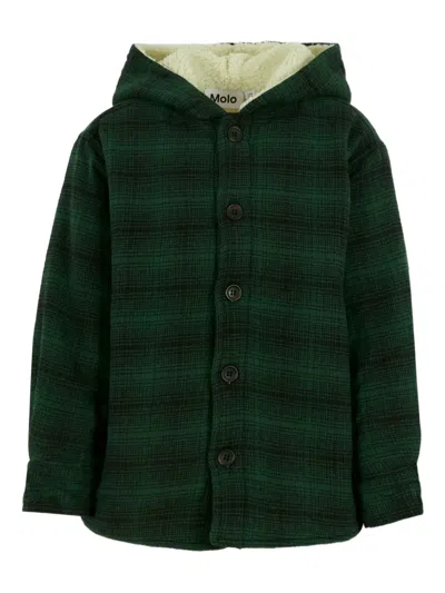 Molo Kids' Hooded Checked Shirt Jacket In Green