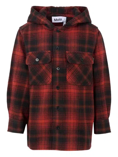 Molo Kids' Hooded Checked Shirt In Red