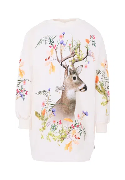 Molo Kids' Ivory Dress For Girl With Deer In Multi