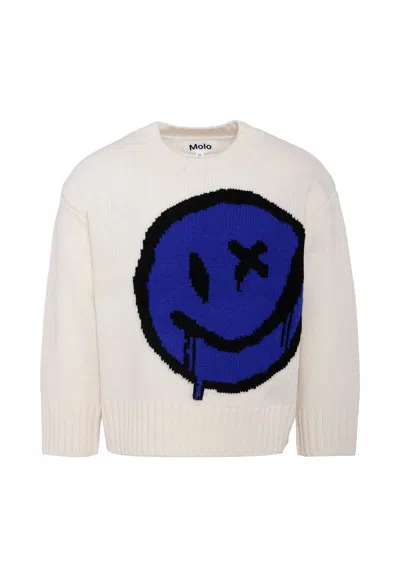 Molo Ivory Wool Sweater For Kids With Smile In White