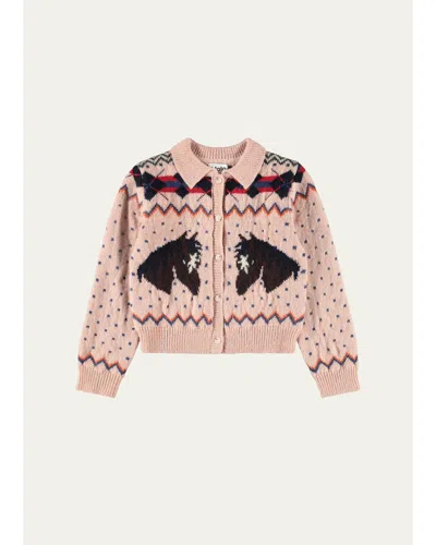 Molo Kid's Galaxy Fair Isle Cardigan Sweater In Pink