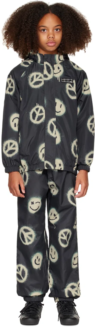 Molo Kids Black Whalley Rain Jacket & Pants Set In 6796 Happy Peace