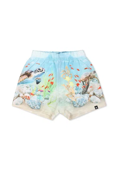 Molo Light Blue Swim Shorts For Baby Boy With Ocean Print