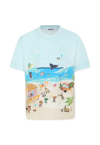 Molo Kids' Light Blue T-shirt For Boy With Animal