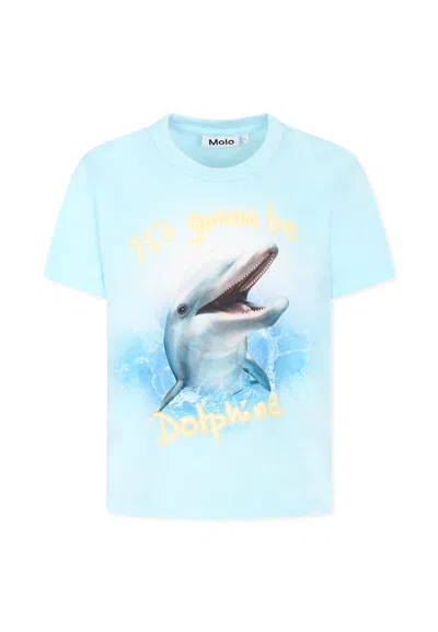 Molo Kids' Light Blue T-shirt For Boy With Dolphine