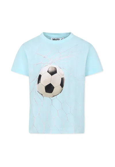 Molo Kids' Light Blue T-shirt For Boy With Football Print