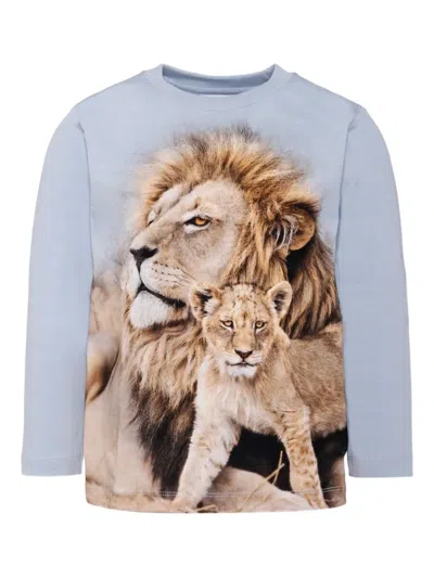 Molo Kids' Lion-print Long-sleeve T-shirt In Blue