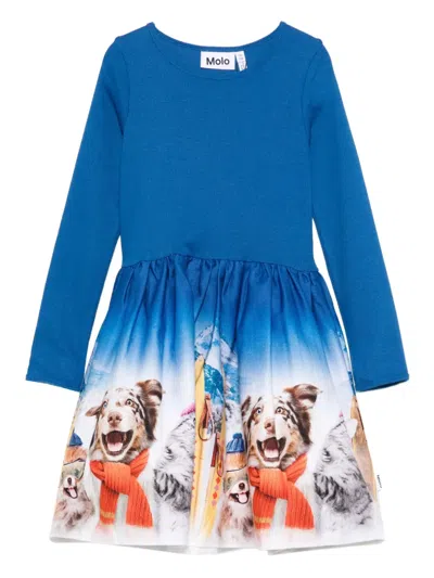 Molo Kids' Long-sleeve Dog-print Dress In Blue