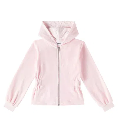 Molo Kids' Madge Gathered Zip-up Velour Hoodie In Pink
