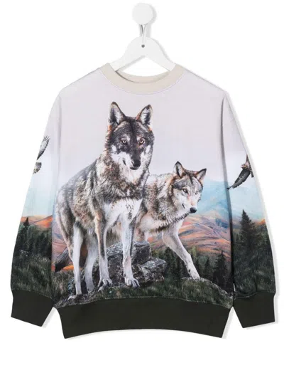 Molo Kids' Mattis Wolf Sweatshirt In Grigio