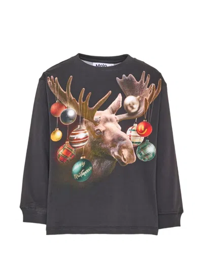 Molo Kids' Moose-print Long-sleeve T-shirt In Brown