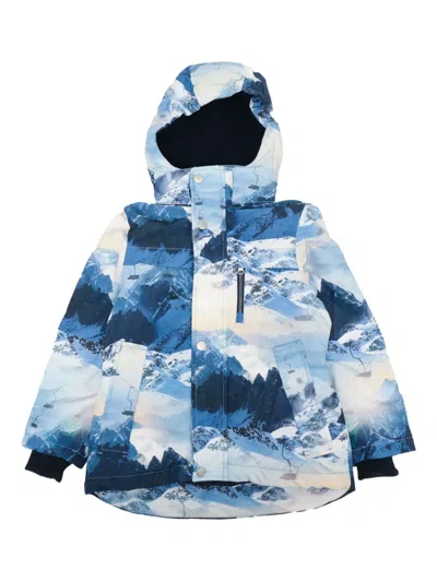 Molo Kids' Mountain-print Hooded Coat In Blue