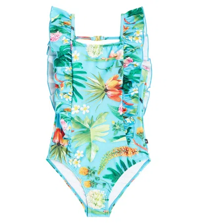 Molo Kids' Nathalie Floral Ruffled Swimsuit In Blue