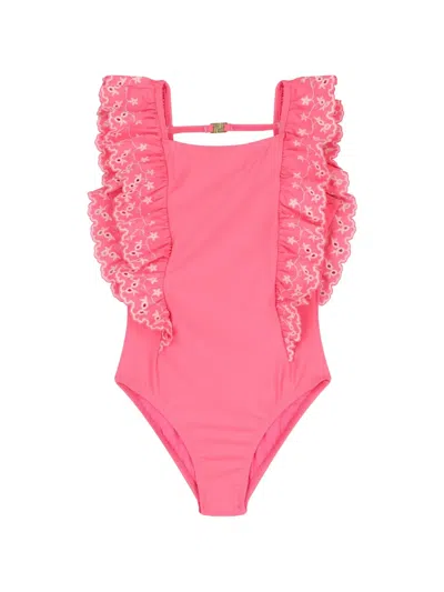 Molo Kids' Nathalie Ruffled-trims Embroidered-details Swimsuit In Pink